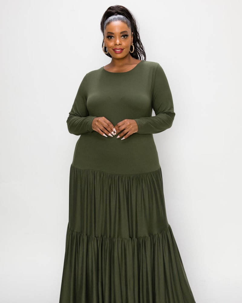 Front of a model wearing a size 3X Alice Tiered Maxi Dress in Olive by L I V D. | dia_product_style_image_id:240721